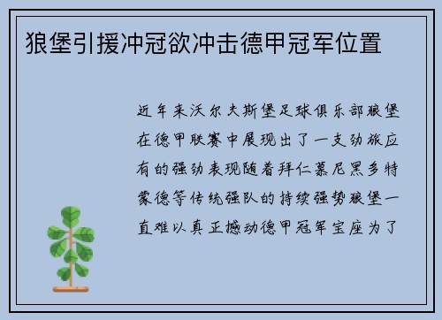 狼堡引援冲冠欲冲击德甲冠军位置